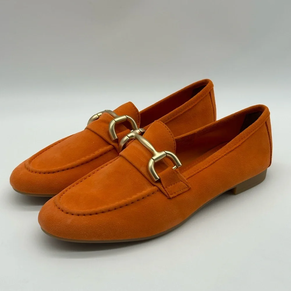 Parrotto Italian Women’s Suede Loafers Orange Gold Horsebit EU 39 NWB - Picture 6 of 13